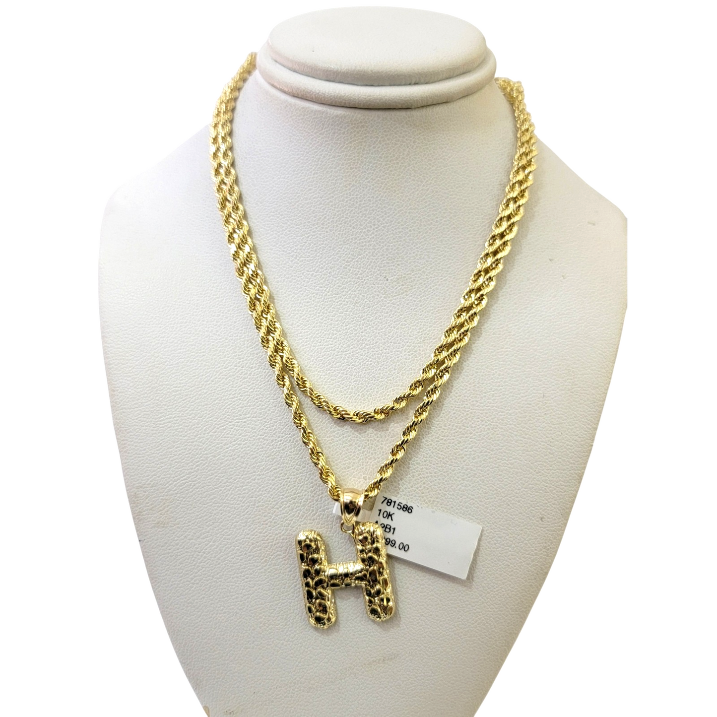 Real 10k Rope Chain 3mm 18"-28" Necklace Nugget H Initial Charm Set Pendant Gold