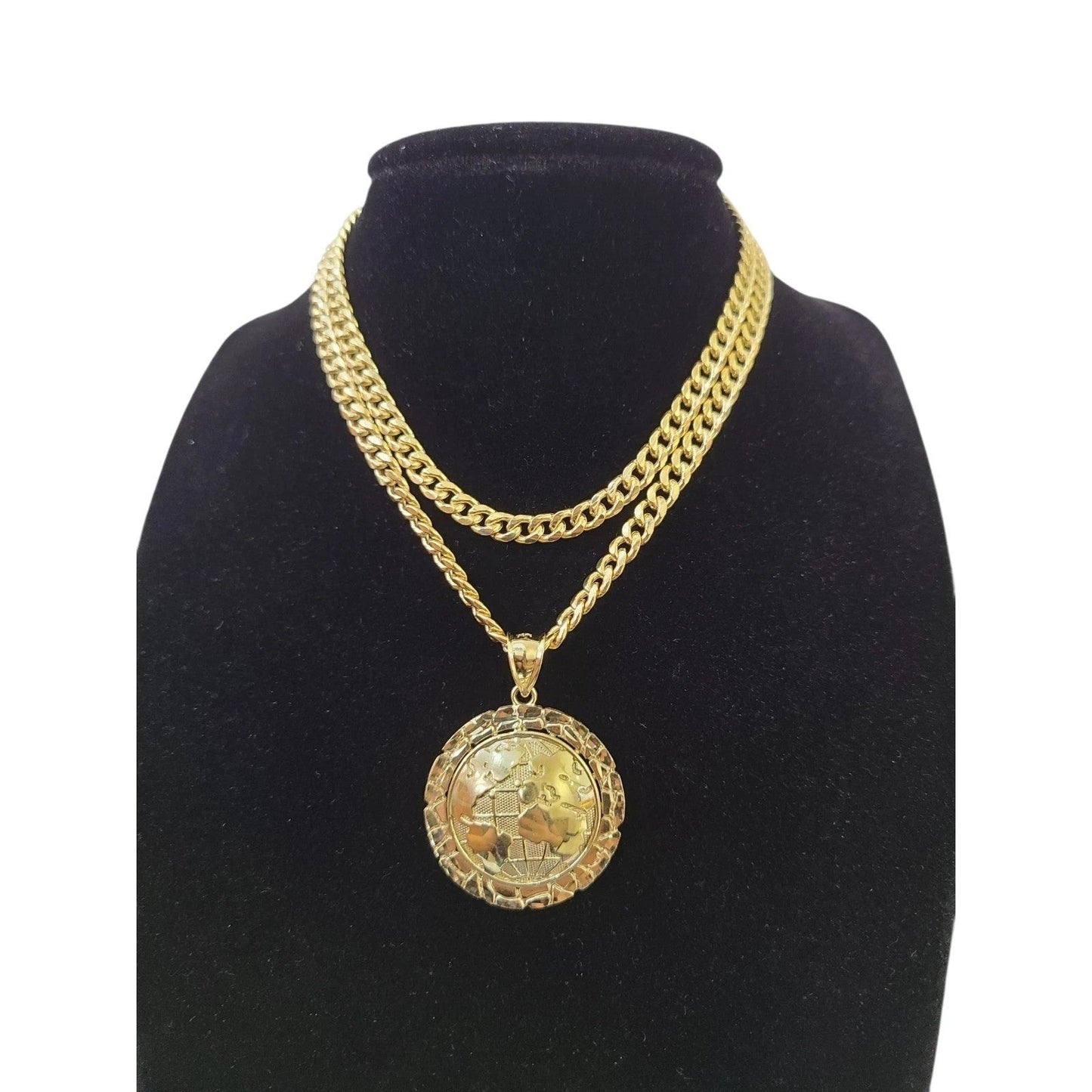 10K Yellow Gold Miami Cuban Link Chain Set World Map Charm Pendant 4.5mm 18-28"