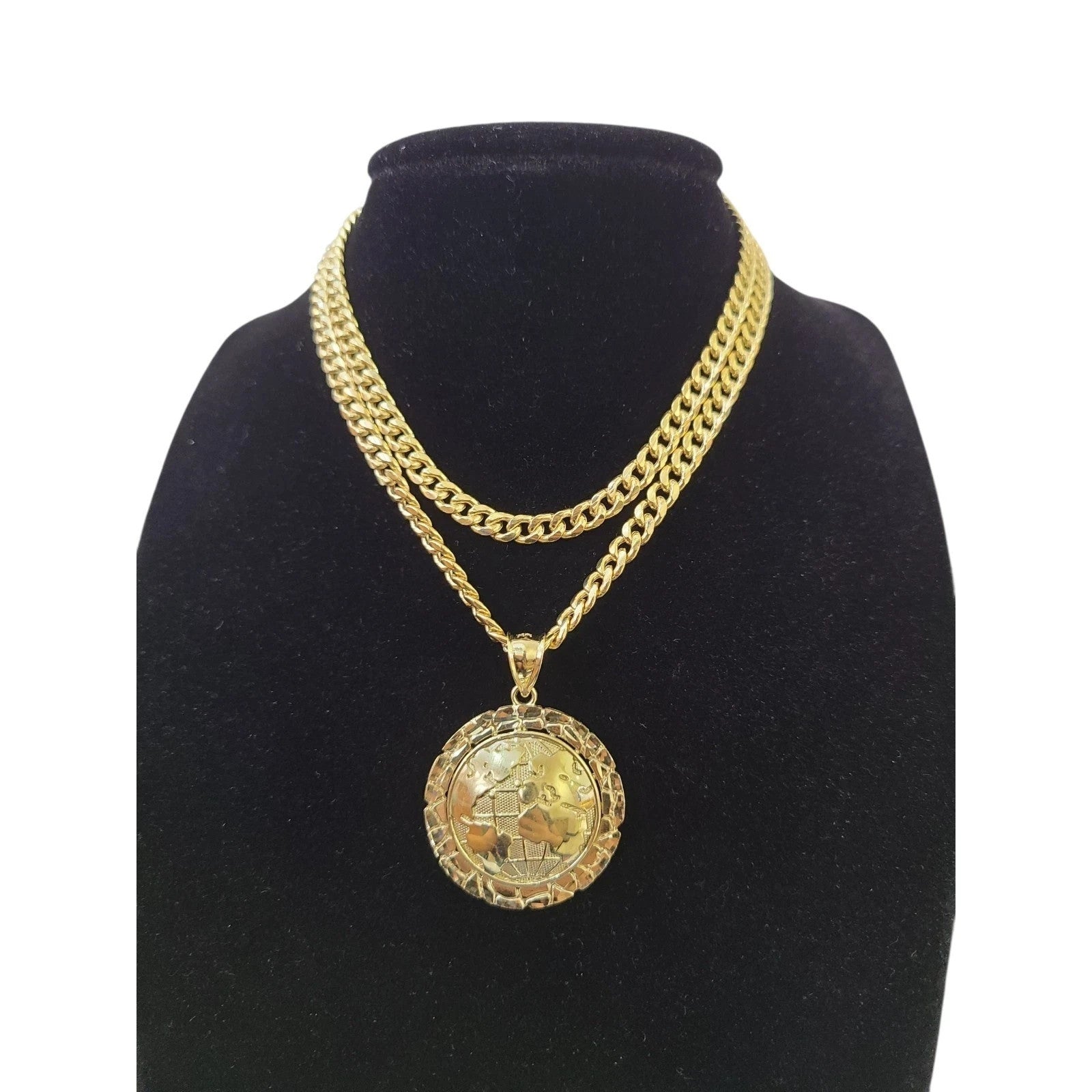 10K Yellow Gold Miami Cuban Link Chain Set World Map Charm Pendant 4.5mm 18-28"
