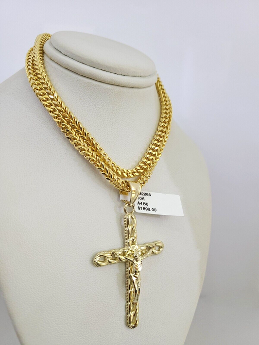 10k Yellow Gold Franco Chain Jesus Cross Charm Pendant 4mm 18-28 Inches Necklace