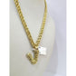 Real 10k Rope Chain V Nugget Initial Charm 3mm 18"-28" Necklace Set Pendant Gold