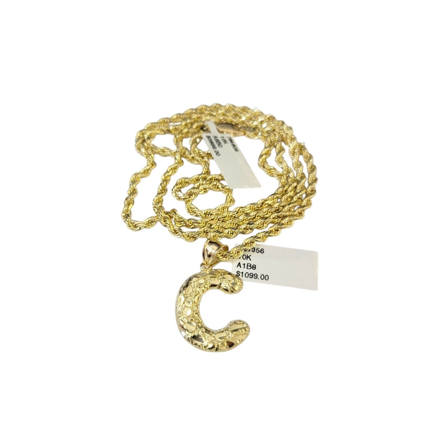 Real 10k Rope Chain Necklace Set 3mm 18"-28" Nugget C Initial Charm Pendant Gold