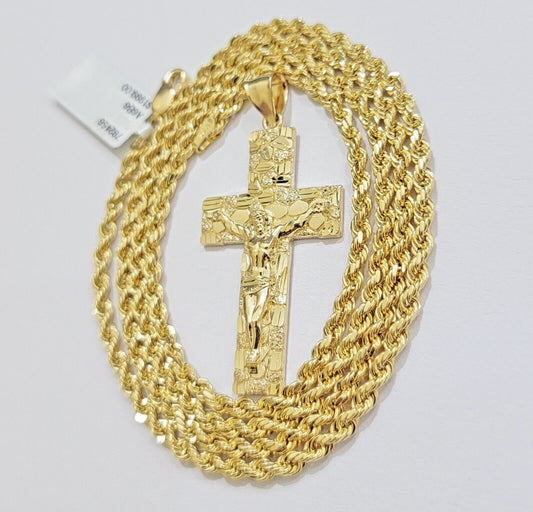 10k Yellow Gold Rope Chain Nugget Cross Charm Set 22" 3mm necklace pendant, REAL