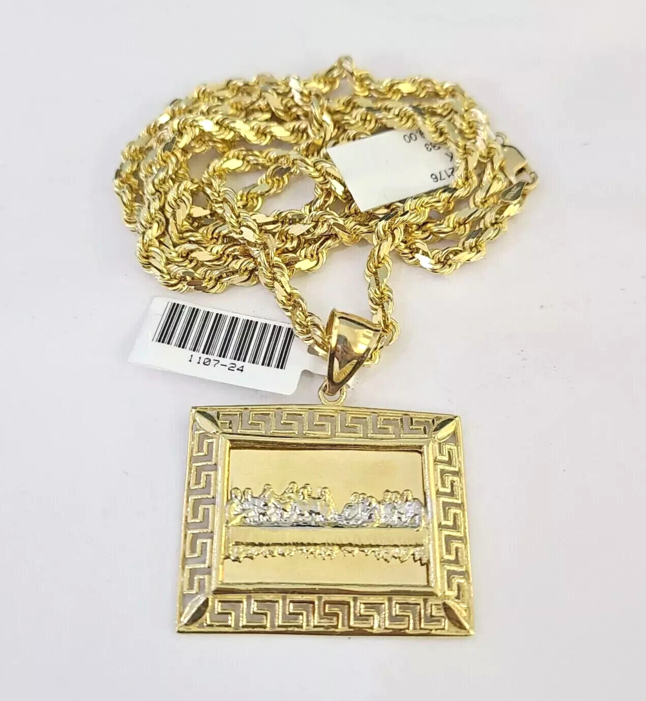 10kt Solid Gold Rope Chain Last Supper Charm Pendant 20-28'' Inches Necklace 4mm