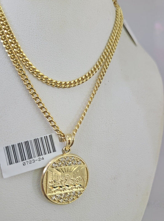10k Gold Miami Cuban Chain Last Supper Charm Pendant 3mm 18-28 Inch Necklace Set