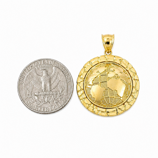 10K Yellow Gold Round World Map Pendant Globe Charm 1.5" Unisex Jewelry
