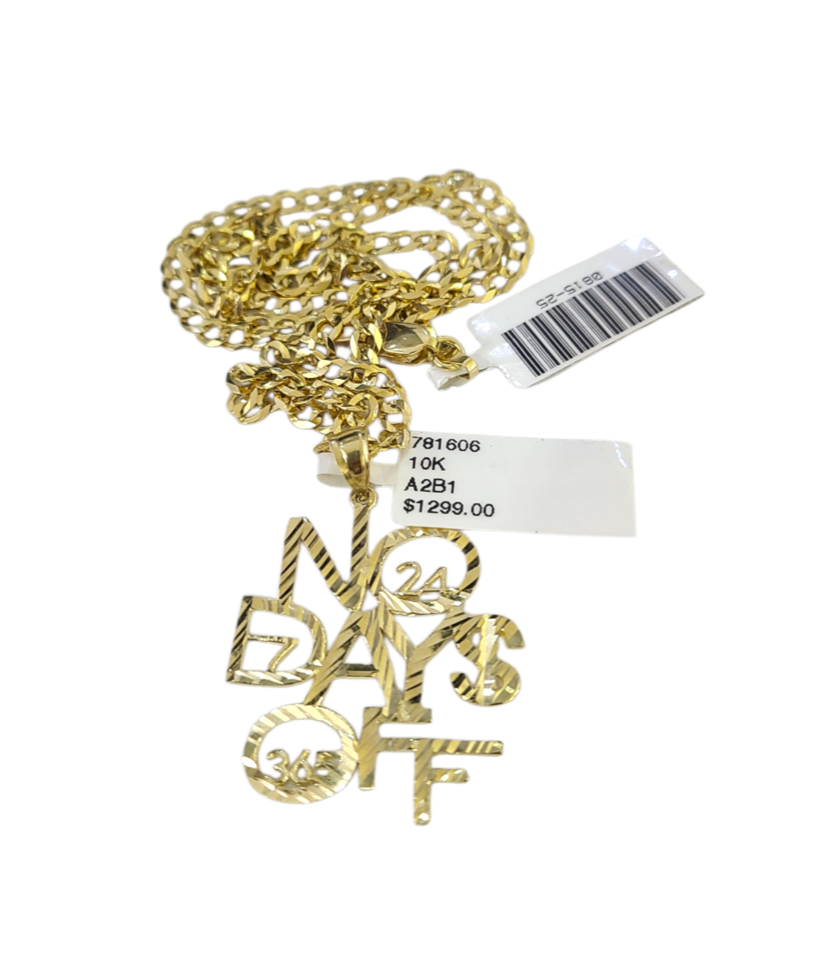 10k Gold Cuban Curb 3mm Chain Necklace No Days Off Charm Pendant 18"-28" Set