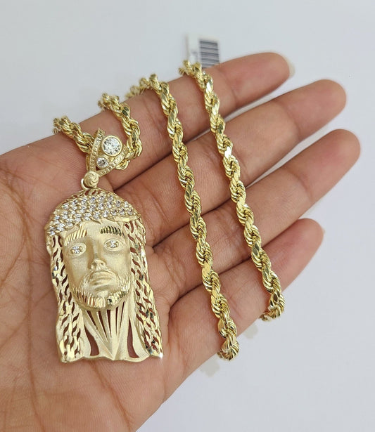 REAL 10k Jesus Head Charm Rope Chain Pendant 4mm Necklace Set 18"-28" in