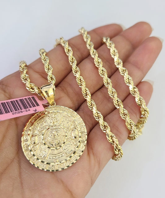 14kt Gold Rope Chain Necklace Mayan Calendar Charm Pendant 20-30 Inch 4mm
