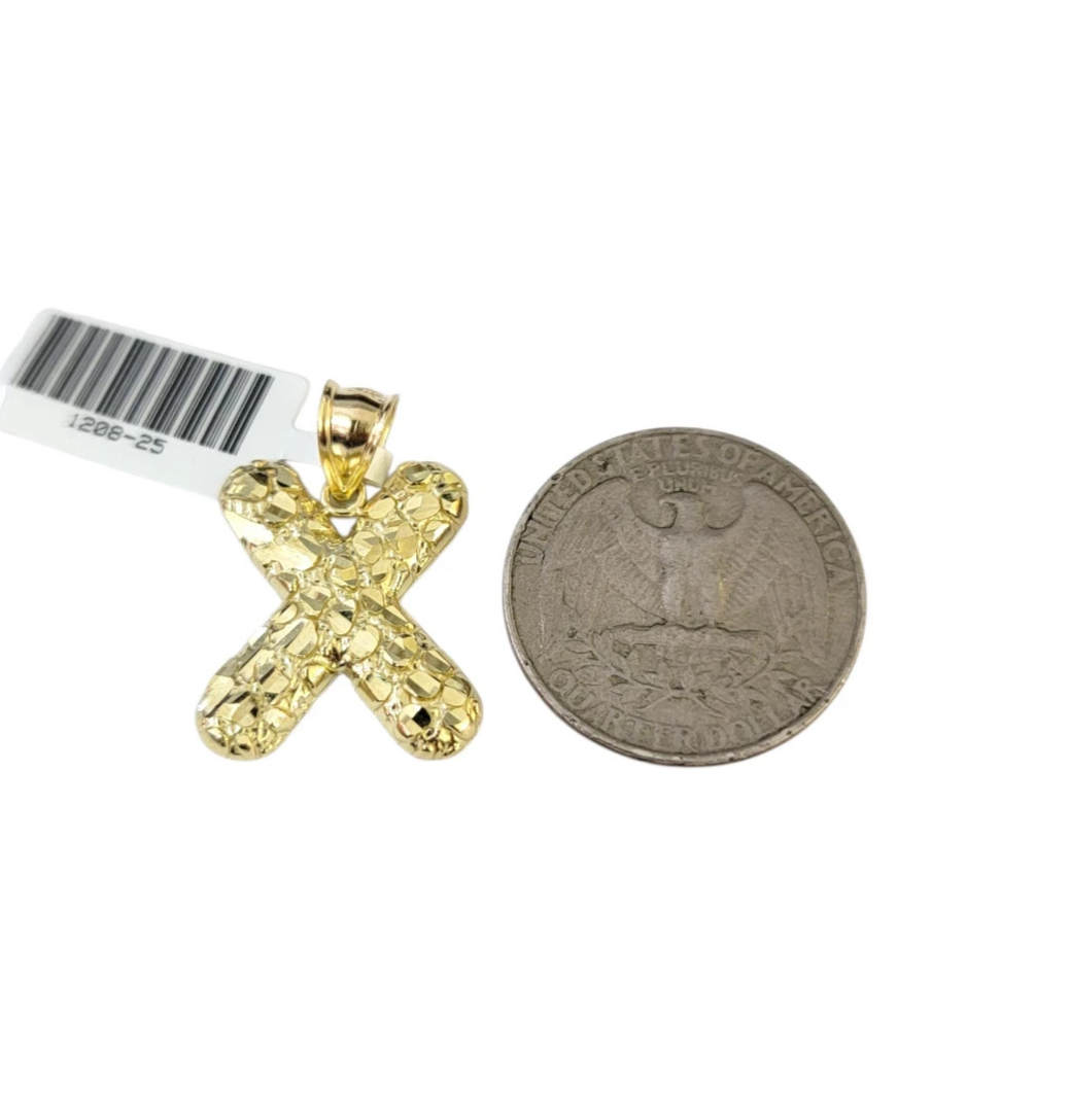Real 10k Rope Chain X Nugget Initial Charm 3mm 18"-28" Necklace Set Pendant Gold