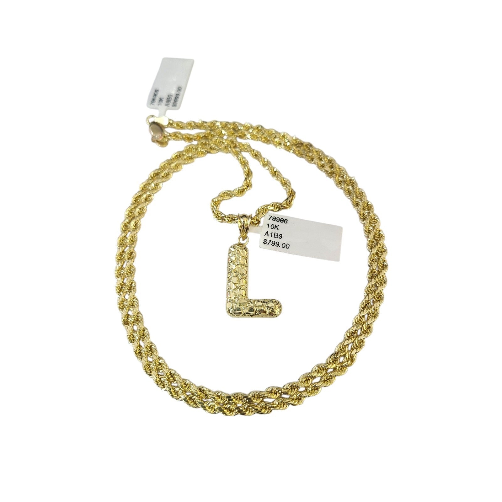 Real 10k Rope Chain Necklace 3mm 18"-28" Nugget L Initial Charm Set Pendant Gold