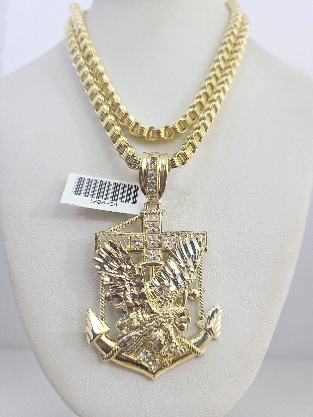 Real 10k Gold Byzantine Necklace Eagle Anchor Charm SET Chain 20"-30" 4mm