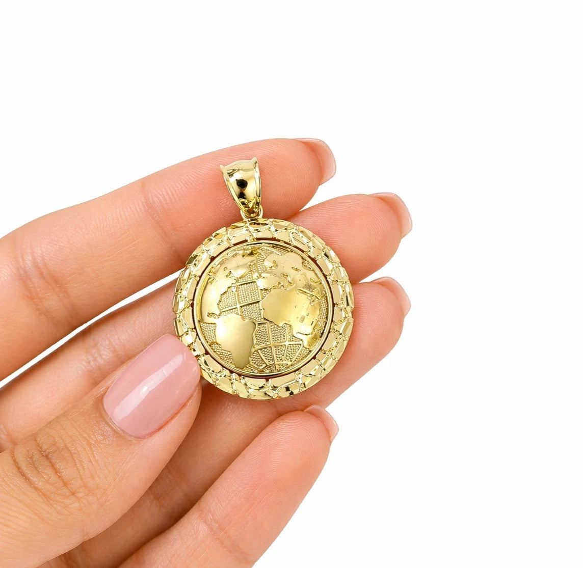10K Yellow Gold Round World Map Pendant Globe Charm 1.5" Unisex Jewelry