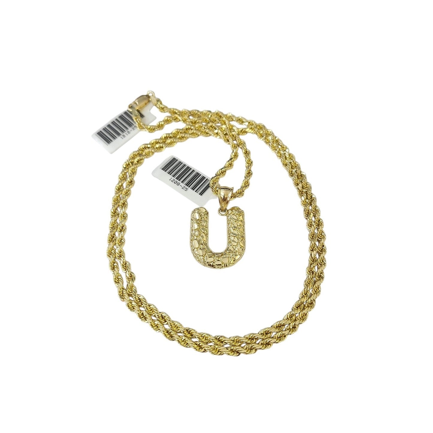 Real 10k Rope Chain U Initial Charm 3mm 18"-28" Necklace Nugget Set Pendant Gold