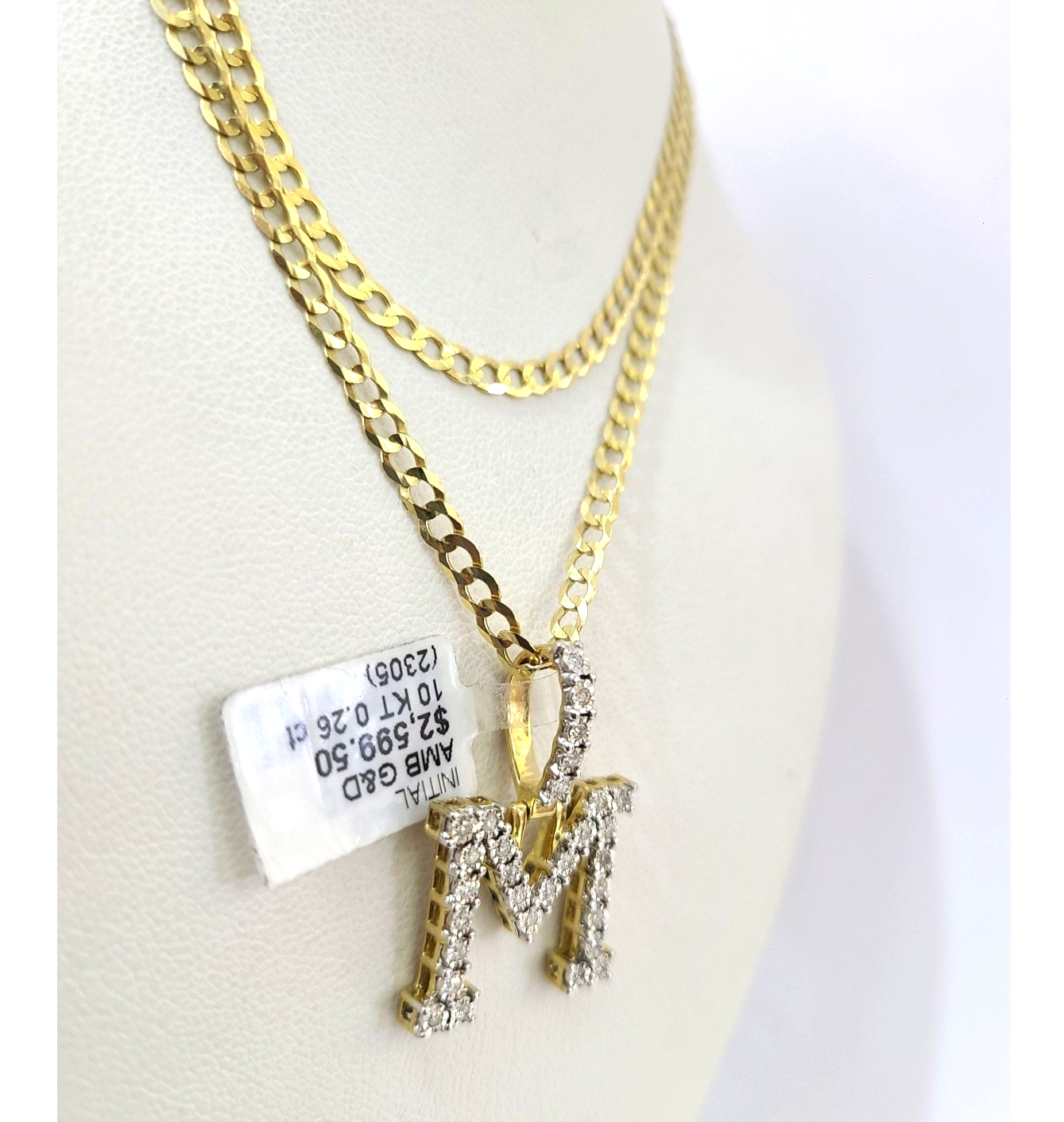 10k Gold Chain Necklace Cuban Curb M Diamond Initial Pendant Set 3mm 20"-30"