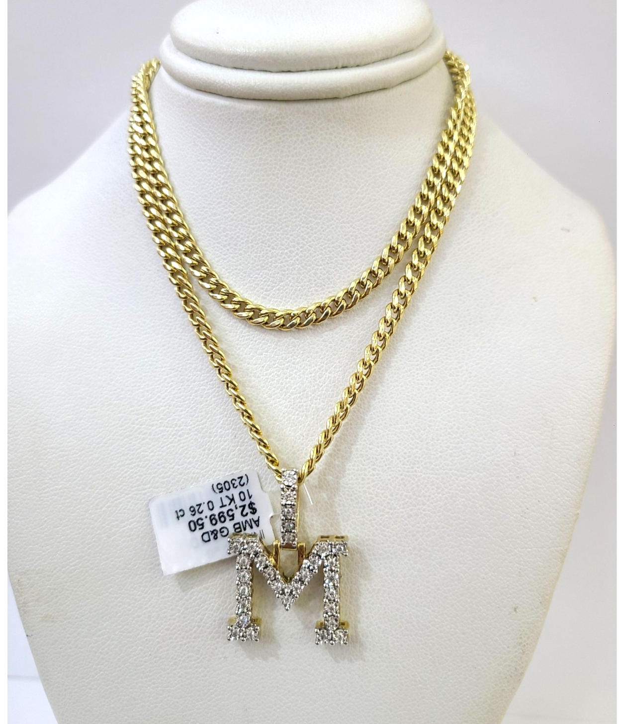 10K Gold Miami Cuban Chain M Diamond Initial 20"-28" 3mm Pendant Necklace SET