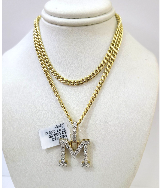 10K Gold Miami Cuban Chain M Diamond Initial 20"-28" 3mm Pendant Necklace SET