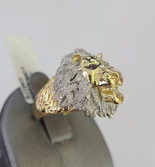 Real 10k Diamond Ring Roaring Lion Men 10kt Yellow Gold Casual Ring
