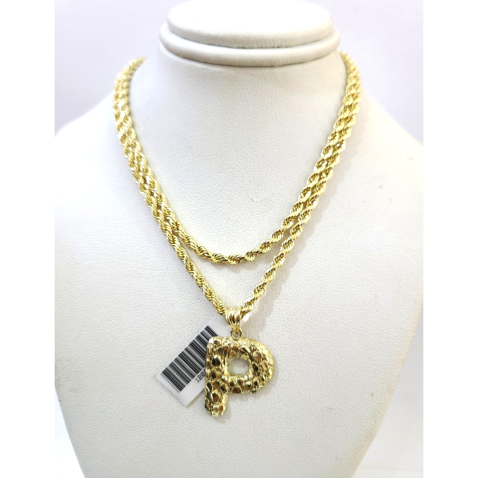 Real 10k Rope Chain P Initial Charm 3mm 18"-28" Necklace Nugget Set Pendant Gold