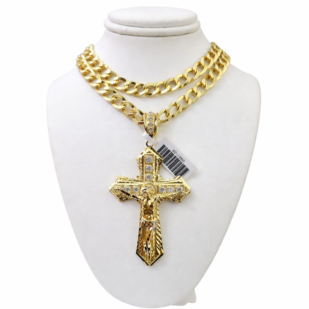 10k Yellow Gold Cuban Curb Chain SET Christ Cross Pendant Charm 8mm Necklace Men