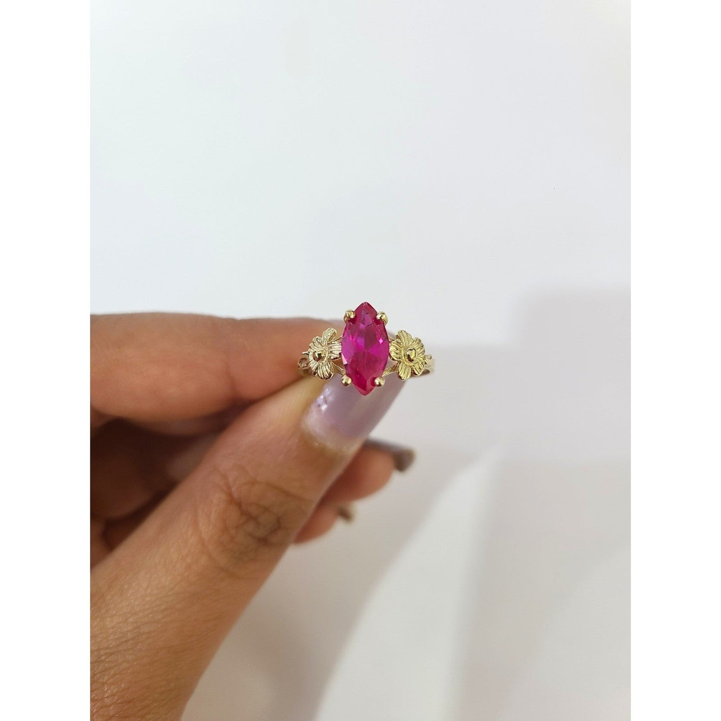 10k Gold Pink Marquise CZ Flower Ring Delicate Floral Ladies Statement