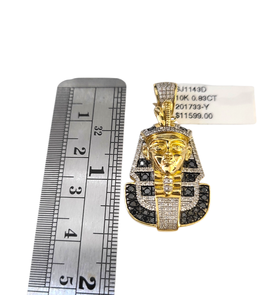 Real 10k Yellow Gold Pharoah Head Charm Pendant Black White Diamonds Men's