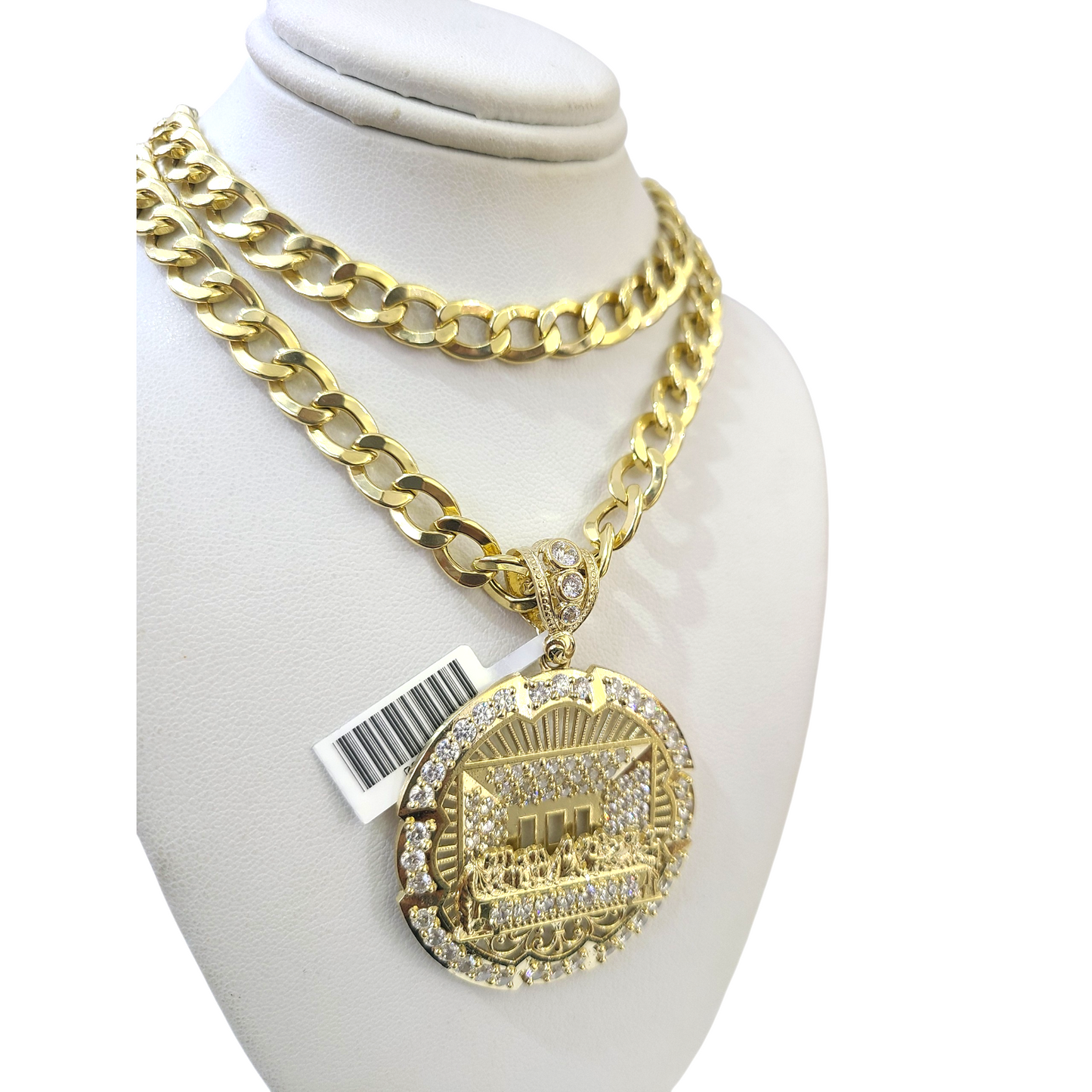 10k Yellow Gold Cuban Curb Chain SET Last Supper Pendant Charm 8mm Necklace Men