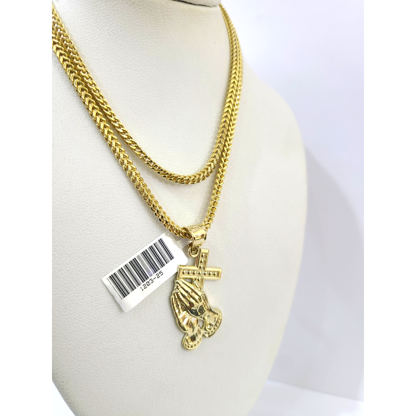 10k Gold Franco Chain Praying Hands Cross Pendant Necklace SET 2.5mm 18"-26"