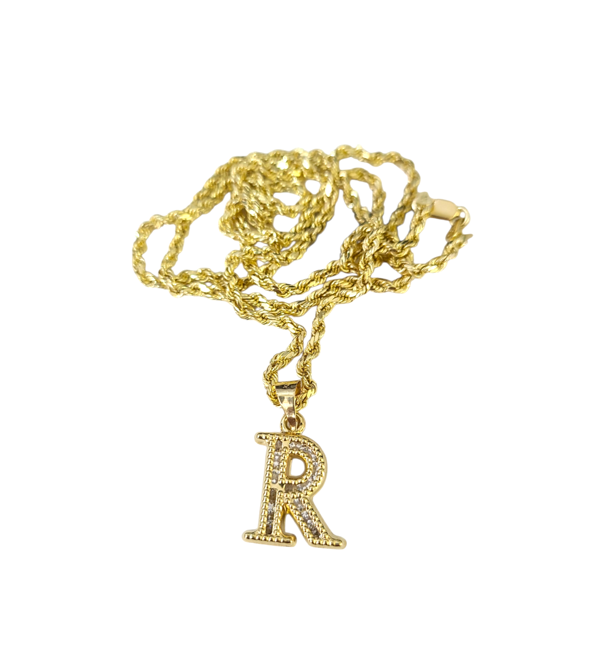 10k 2.5mm Rope Chain R Initial Alphabet Pendant 16"-28" Gold Set Charm Necklace